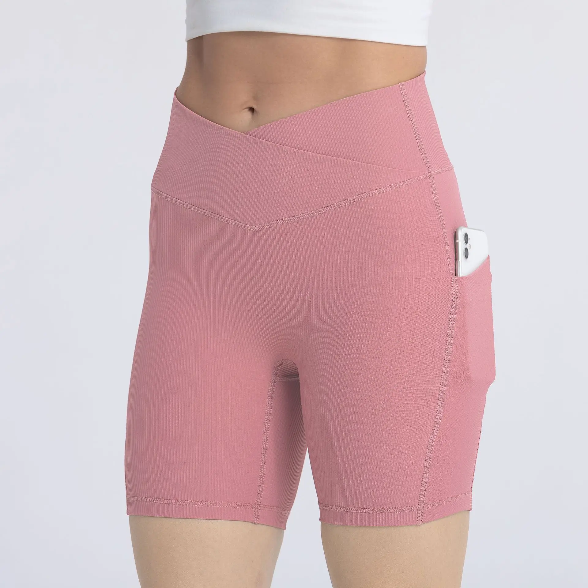 2024 Summer Women High Waist Cross Type Compression Quick Dry Training Shorts with Phone Pockets Gym Fitness Yoga Shorts
