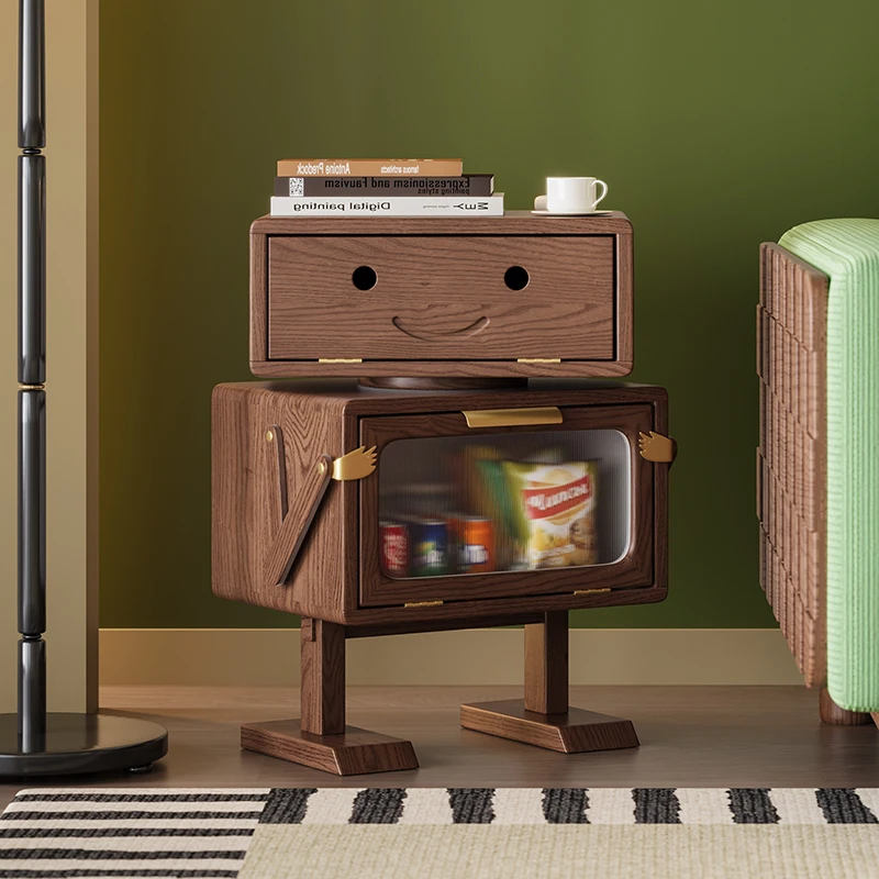 Solid Wood Retro Style Robot Bedside Cabinet with Rattan Small Bedroom Storage Cabinet