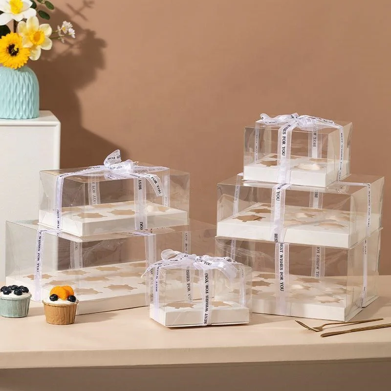 Clear PVC Box Bakery Mini  Muffin Cupcake Plastic PET Packaging Box With Hole Insert