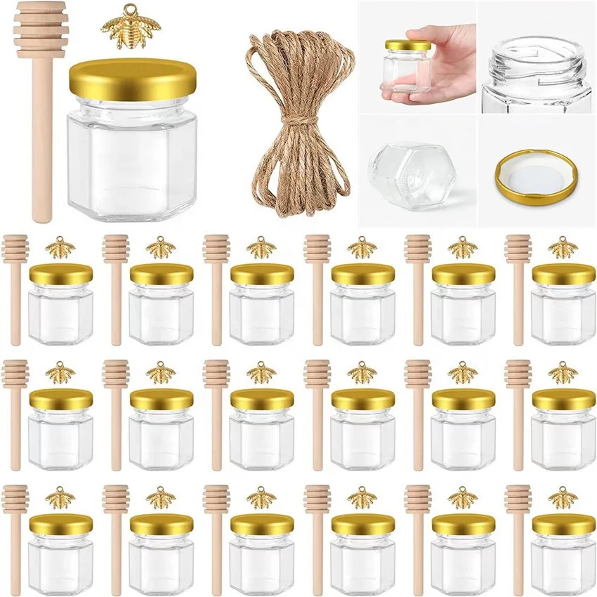 Wholesale Jam Glass Jar 25ml-50ml Hexagonal Honey Jar Food Storage And Container Honey Jar With Lid