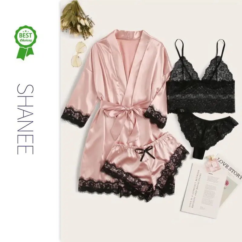 SHANEE 4pack Floral Lace Lingerie Set With Satin Belted Robe For Women SL2102034-SLM