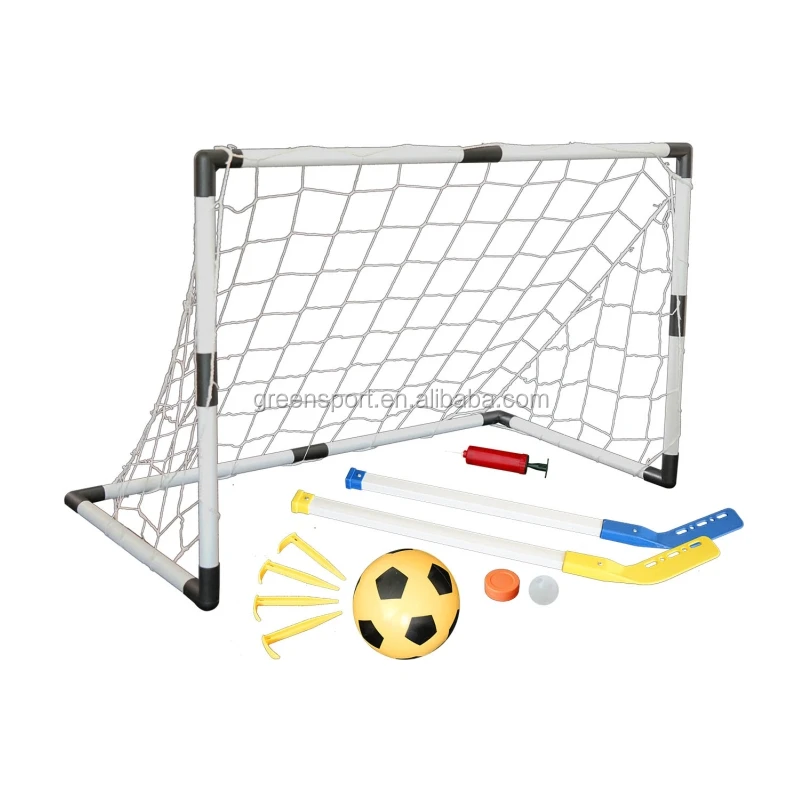 PLASTIC football goal with hockey sticks   sport balls and soccer net