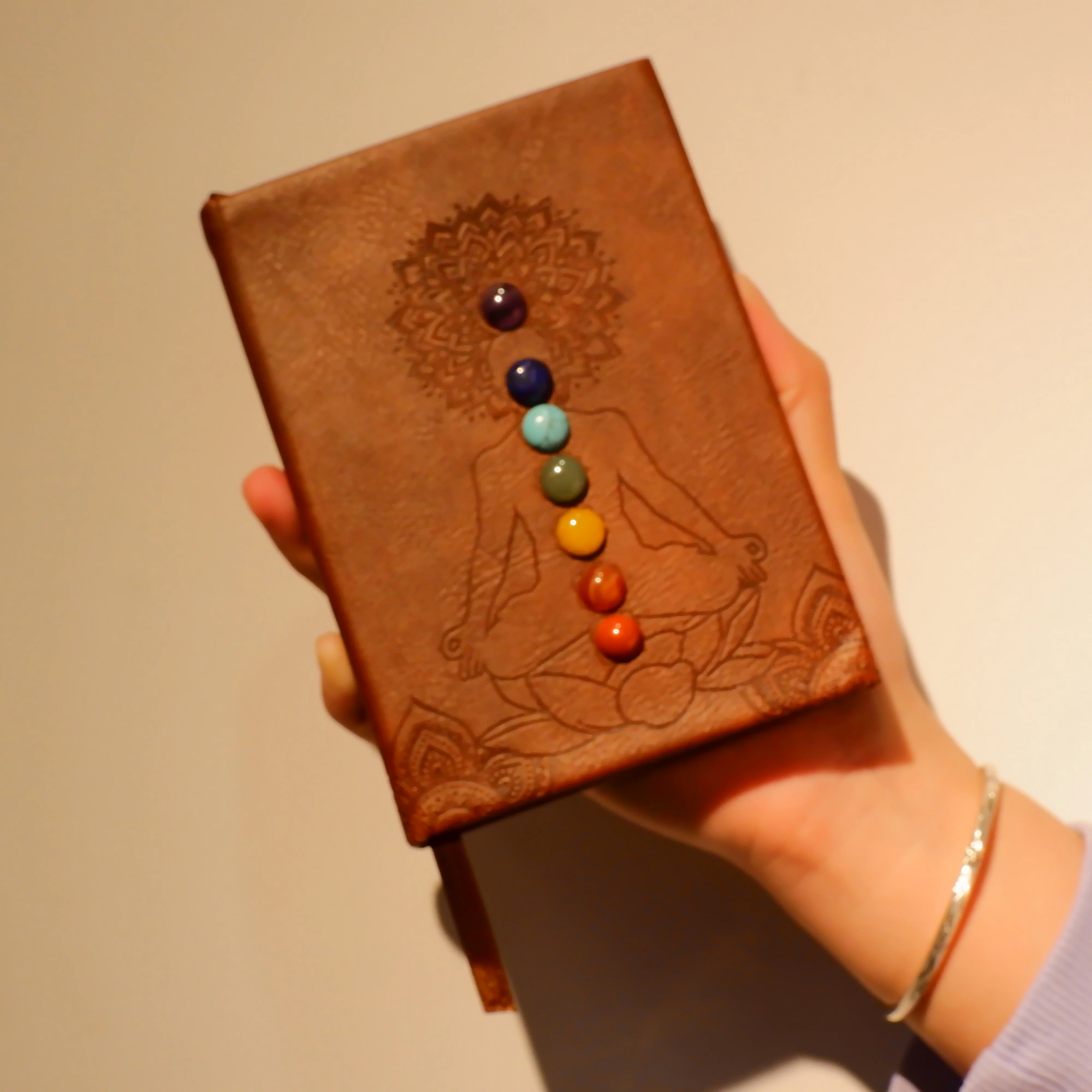 Free Sample Custom Spiritual Mini A6 Brown Leather Chakra Crystal Notebook Spiral Stationery With Logo For Travel