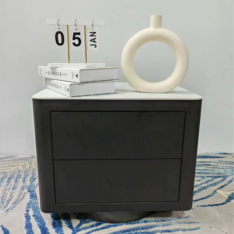 Nordic Italian black bedside table modern light luxury square marble solid wood nightstand locker luxury furniture bedroom