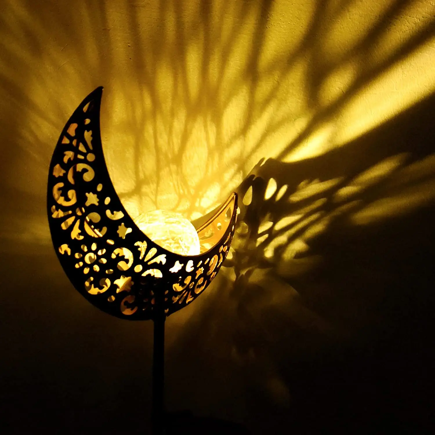 Warm White Outdoor Metal Bronze Moon Crackle Glass Globe Solar Powered Retro Stake Lights for Pathway Lawn Patio Courtyard Decor