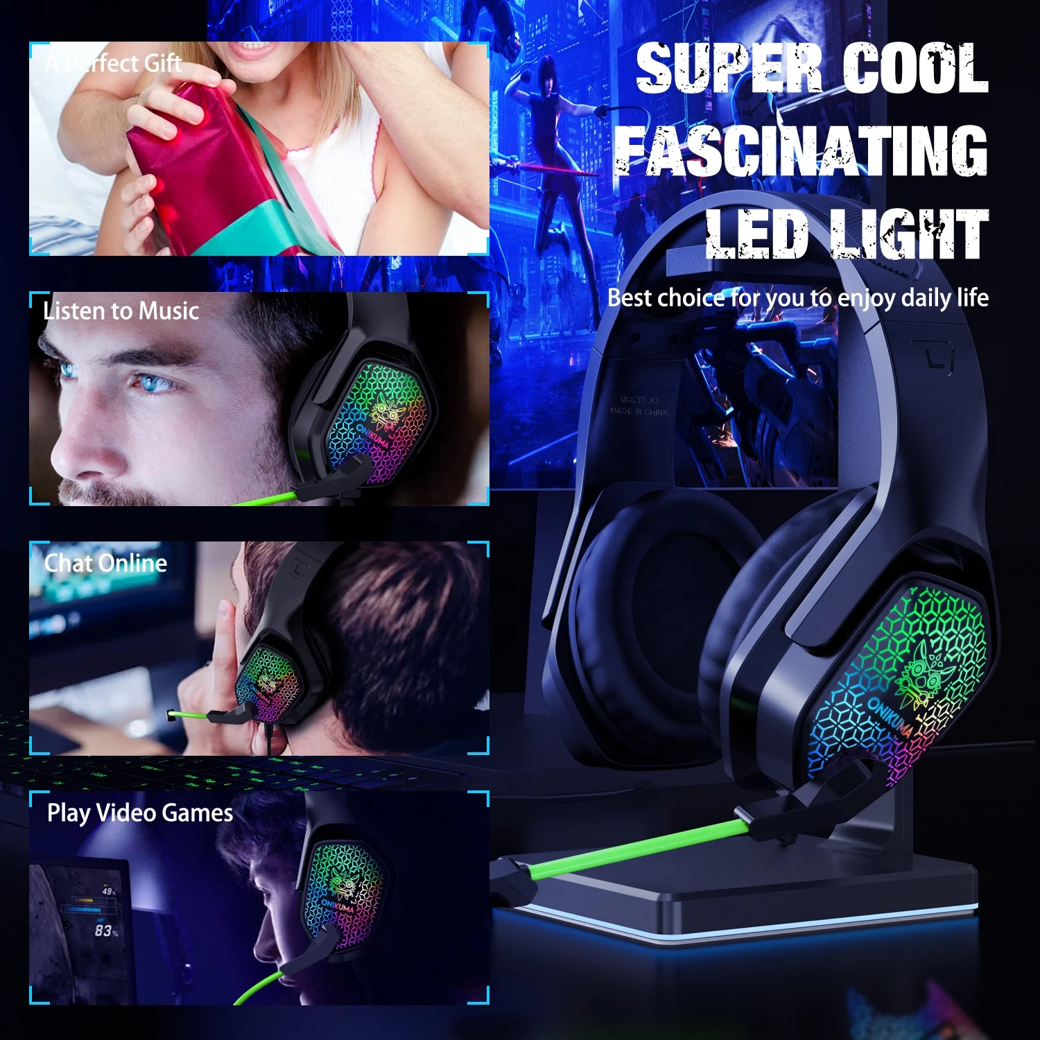 Gaming Headset with Stereo Surround Sound Mic RGB LED Light Noise Cancelling Over Ear Headphones 3.5mm Audio Jack for music Chat