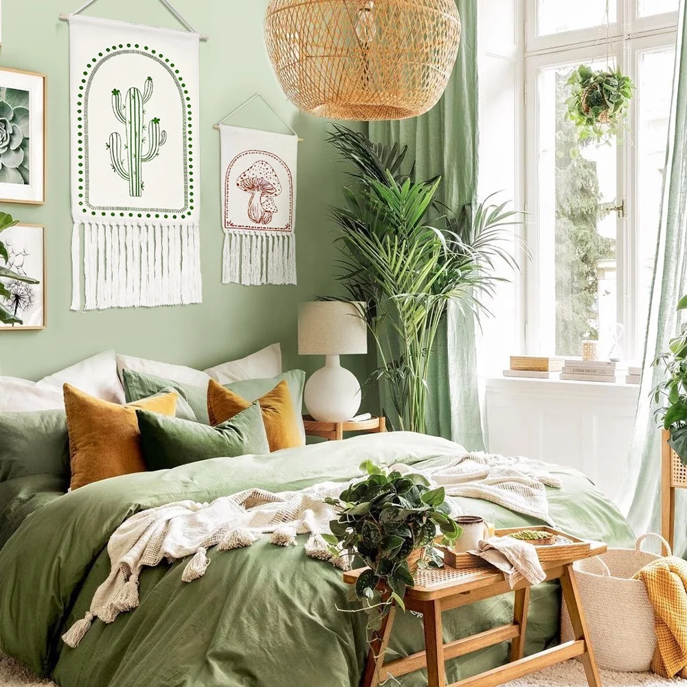 Boho style custom cotton woven coconut palm tree printed wall tapestry