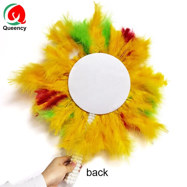 Queency African beautiful cheap ostrich feathers make in China hand fan  African feather fans with beaded