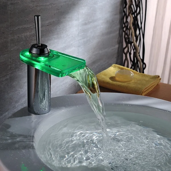 Bathroom Faucet LED Light 3 Colors Changing Waterfall Glass Spout Hot and Cold Water Mixer LED New Kitchen water Mixer