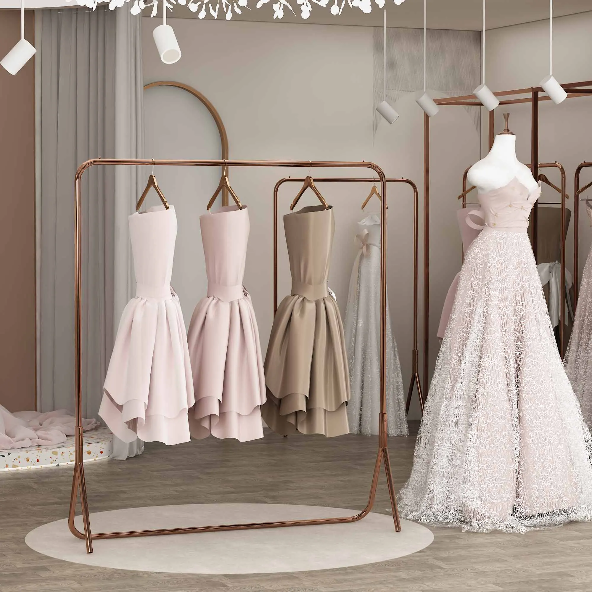 Boutique Bridal Shop Interior Shiny Romantic Design Luxury Wedding Dress Ceremonial Dress Display Stand Bridal Dress Hanger