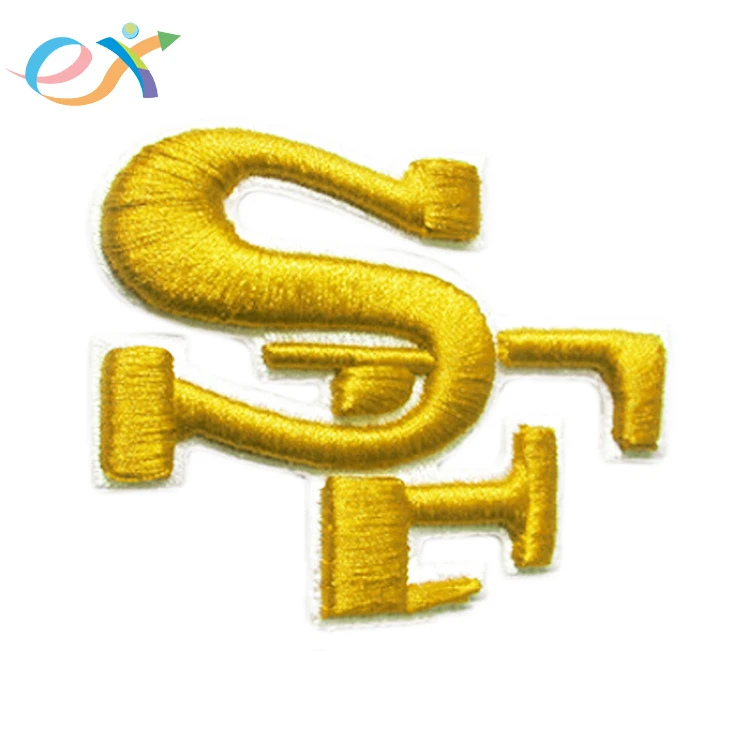 Custom clothing shirt iron on logo 3d puff gold S and F letters iron on embroidery patch