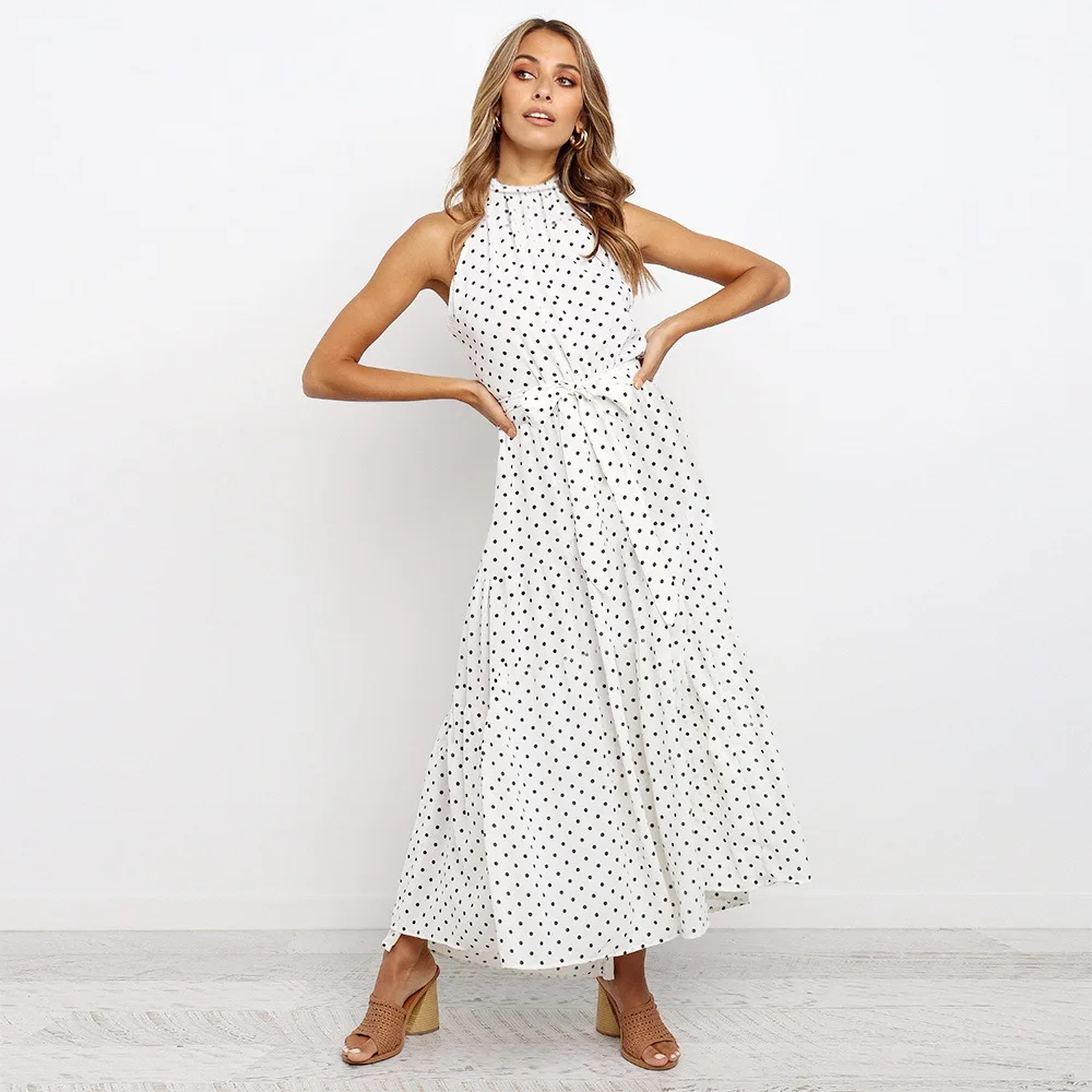 New Arrival Women Casual Halterneck Long Dress Fashion Polka Dot Sleeveless Summer Dress