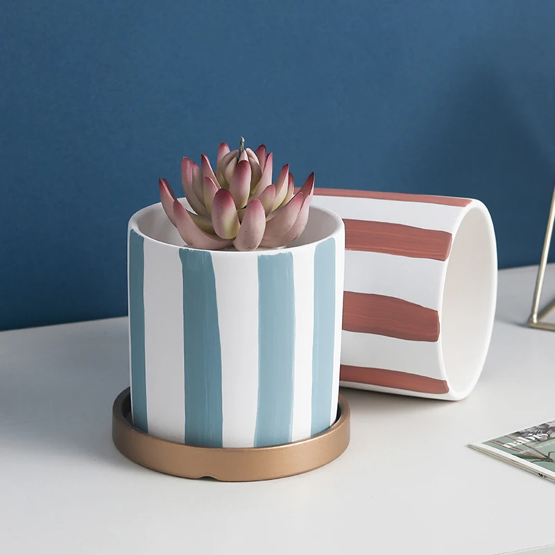 Wholesale home decoration cylinder shape hand drawing european flowerpot custom ceramic plants succulent pot with saucer