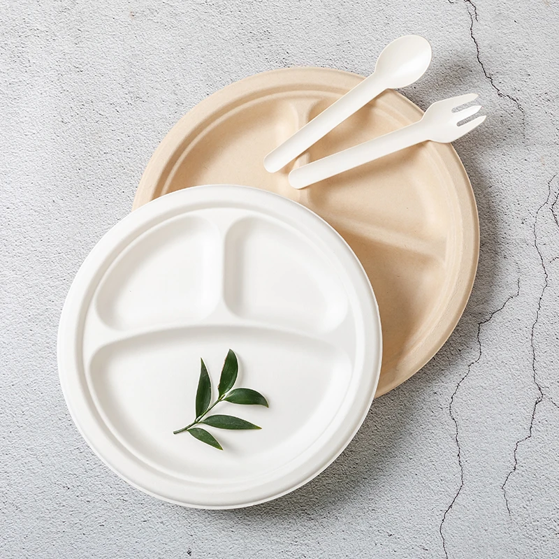 Custom 100% Compostable 9 10 Inch Round Heavy Duty Plates Sugarcane Paper Plates 3 Compartment Eco-friendly Disposable Camping