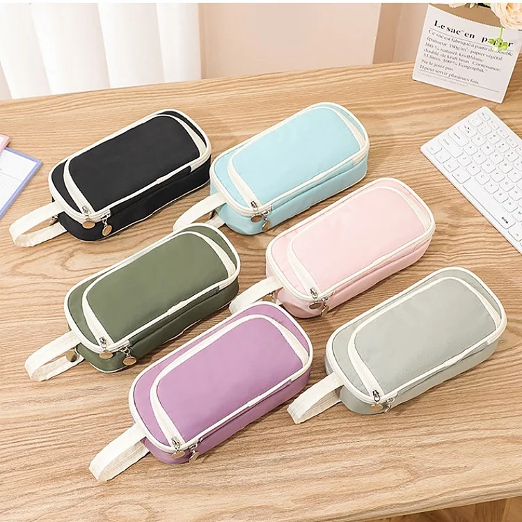 2024 Latest Large Capacity Simplistic Tri-Layer Composited Cloth Pencil Case with Handle for Students Three Layer Pencil Box