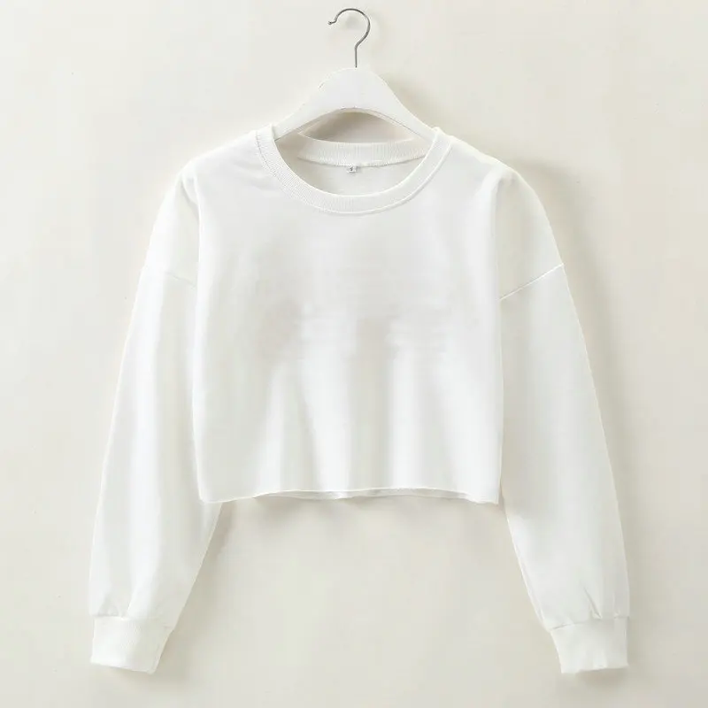 
White crop top crewneck women pullover hoodies long sleeve autumn sweatshirt crop top hoodie women 