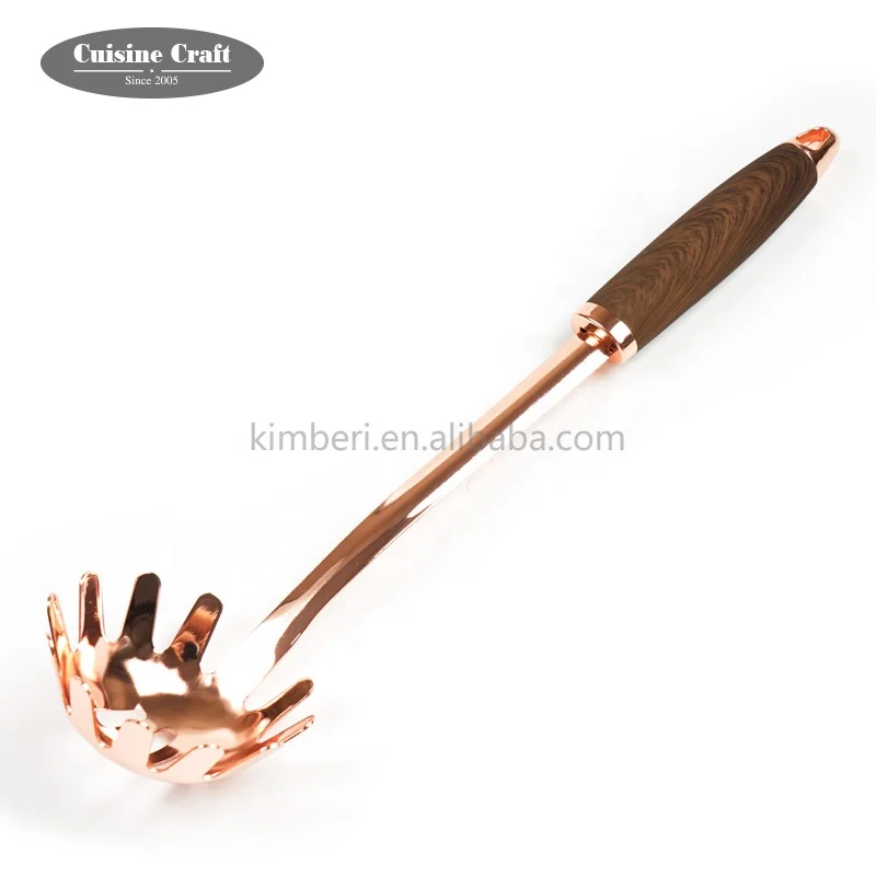 Wholesale kitchen utensil cooking set Stainless steel copper plated spaghetti server with faux wood handle