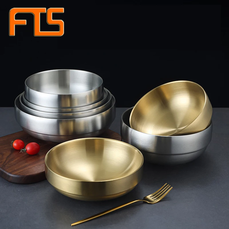 Футовая суповая миска рамен лапша с двойными стенками оптовая продажа круглая Золотая металлическая для риса из нержавеющей стали под
