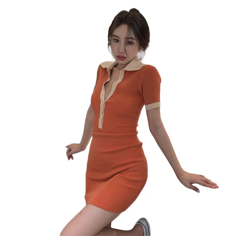 Fast selling rave reviews dresses half button up ribbed fabric contrast design short sleeves knitted bodycon polo shirt dress