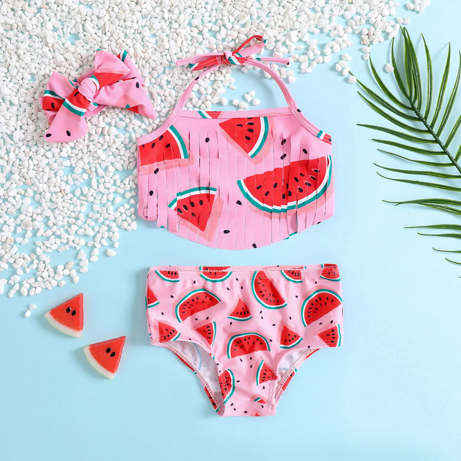 Summer Girls Kids Swimsuit Two Piece Floral Tassel Swimwear for Children Bikini Bathing Suit