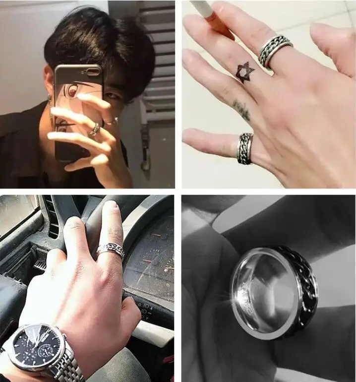 Explosion Unisex Stainless Steel Link Chain Rotated Finger Ring jewelry Hip-Hop Hipster Style Silver Gift Party