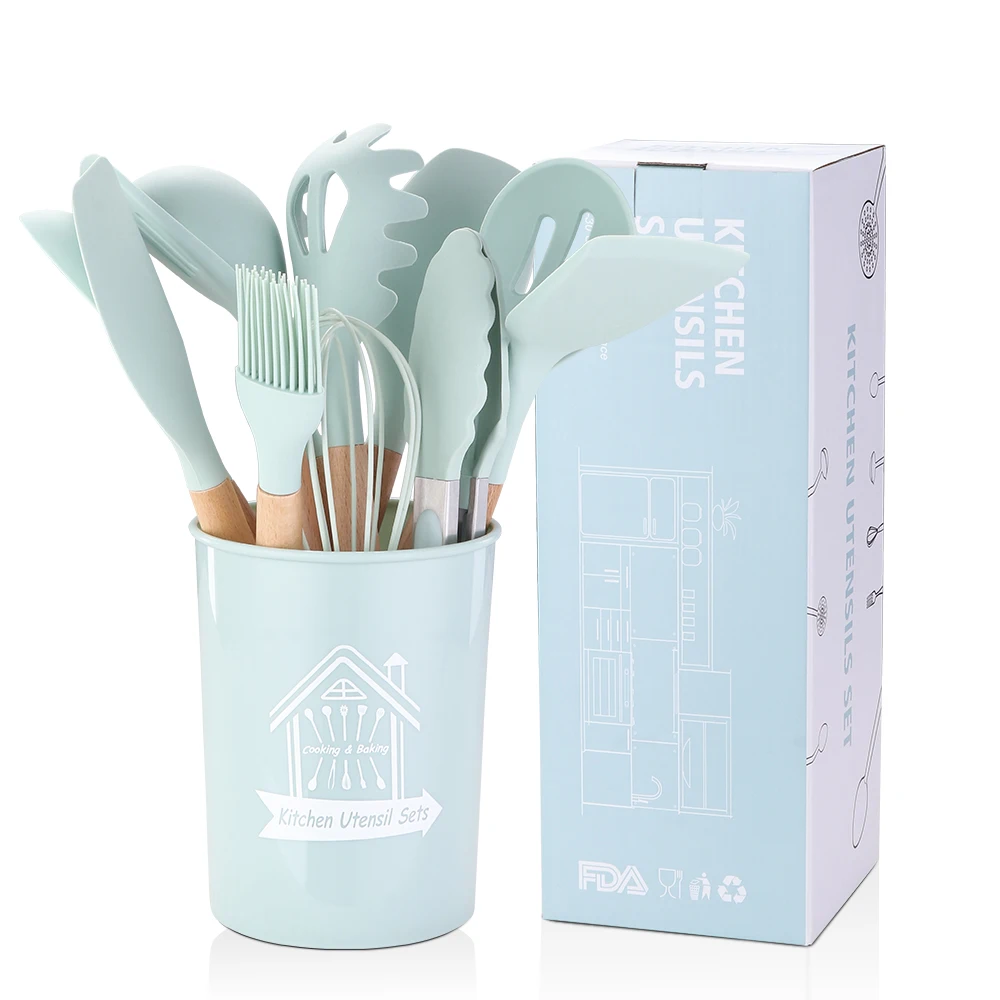 
Wholesale 12 Pieces In 1 Non Stick Cookware Cooking Tong Spatula With Wood Handle Kitchen Silicone Utensils Set With Storage Box 