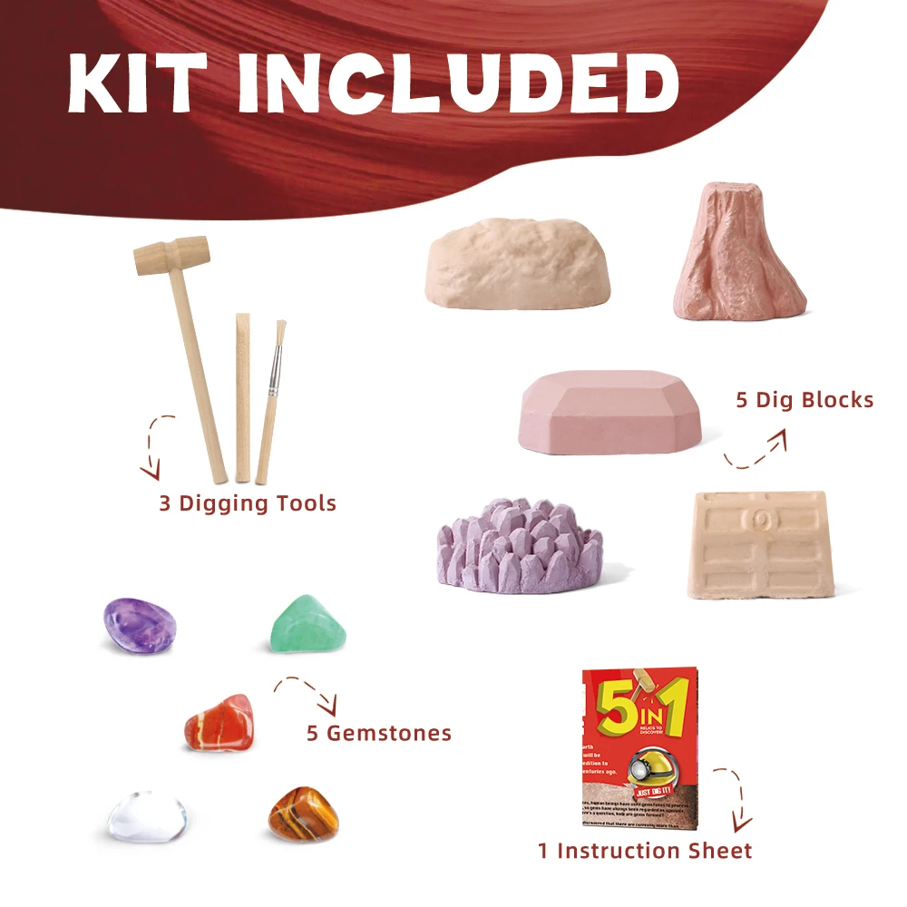 DIY 5 in 1 child gift kid educational eco friendly stone collection earth treasure dig gems excavation kit rock dig toy