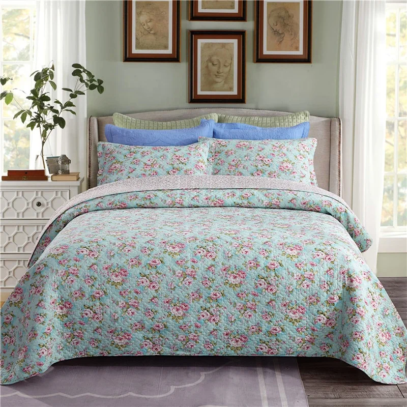 Floral Blossom Cotton Bedspread Quilt and Sham Collection Bedding Set
