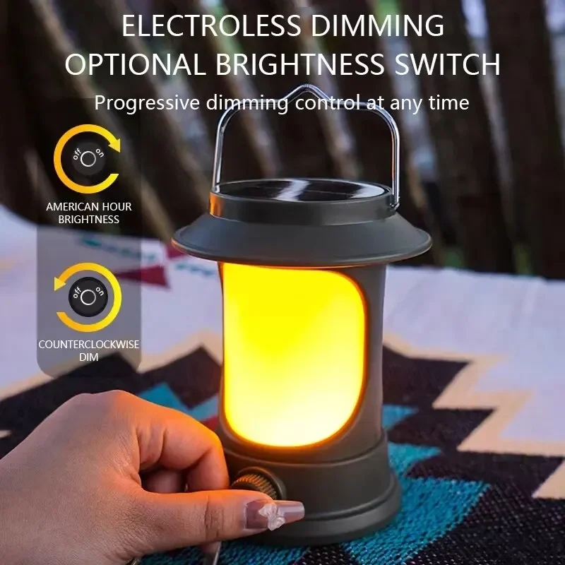 Retro Portable Solar LED Camping Lantern Vintage Warm Camp Lamp with 3 Lighting Modes for Tent Hiking Climbing Garden Lighting