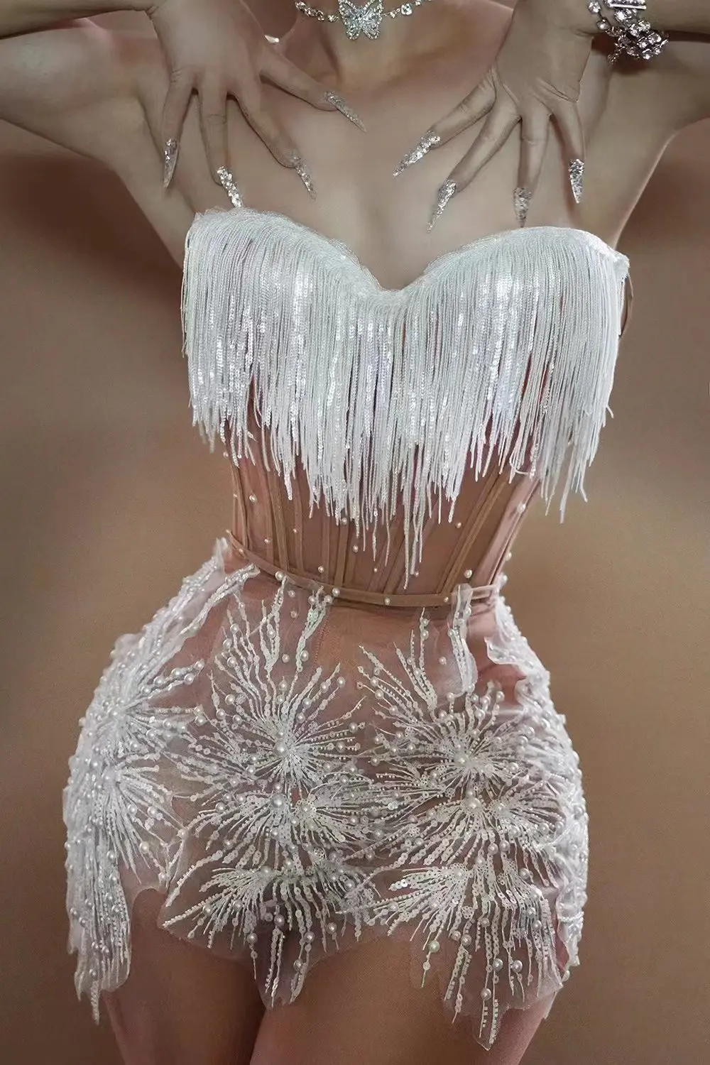 Vestido Sexy Pearl Sequin Tassel Strapless Prom Mini Dresses Elegant Backless Show Exotic Dancer Wear Women Night Club Dresses