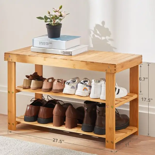 Home Living 3 Tier Design Storage Shoes Rack Bamboo Wooden Shoes Rack Bench for Entryways