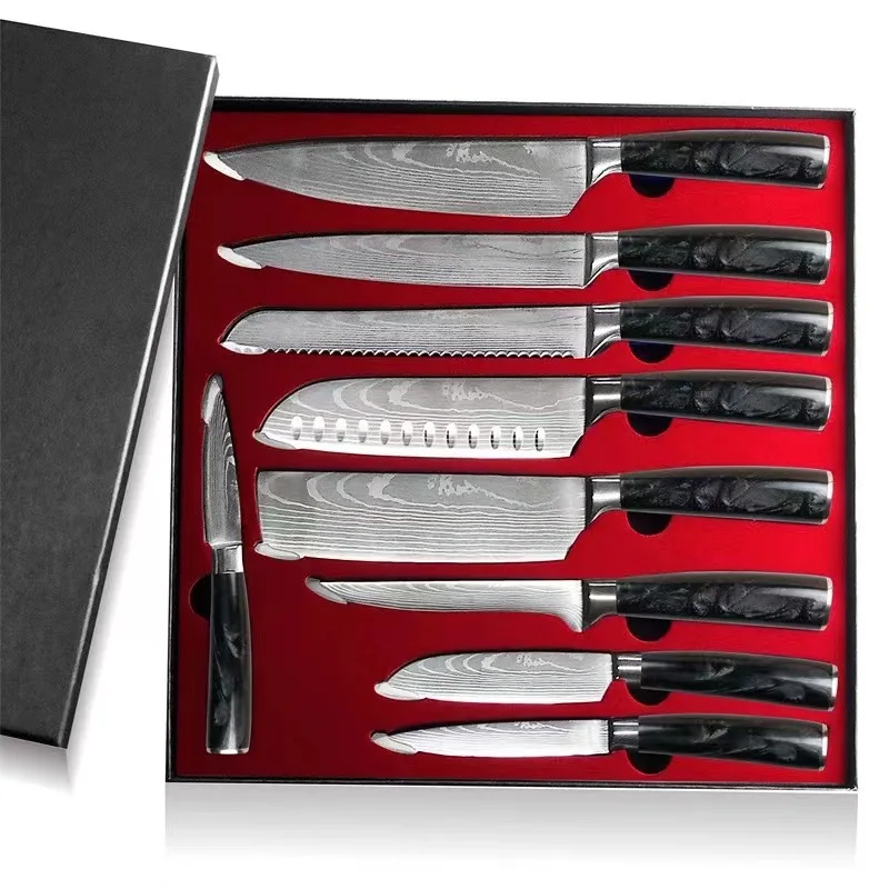 10 Pcs Damascus Pattern Knife Set Stainless Steel Kitchen Chef Knives Set with Resin Handle
