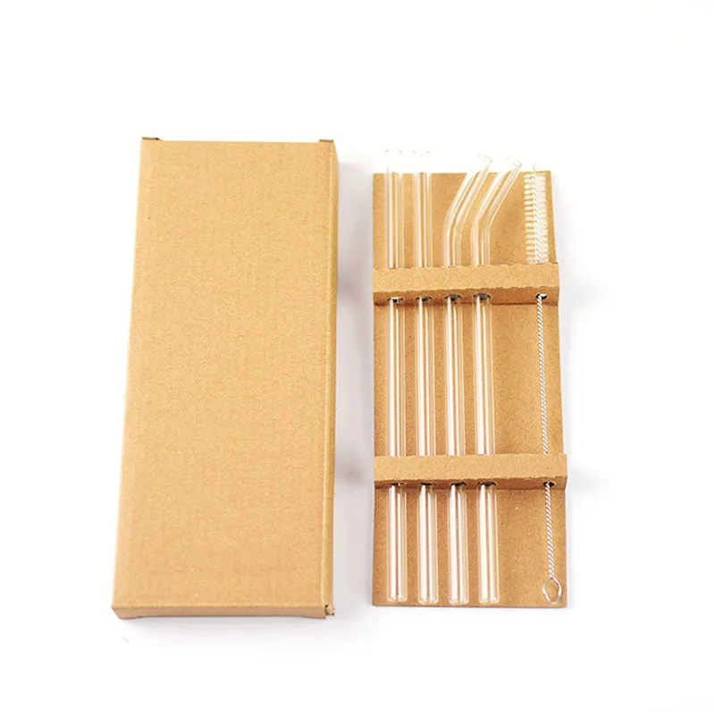 Hot sales premium bend straight transparent high borosilicate reusable glass straw set