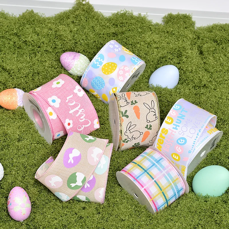 YAMA Print Logo Happy Easter Wired Edge Ribbon For Gift Wrapping Garland Bows Holiday Decoration 63mm 10Yard/Roll