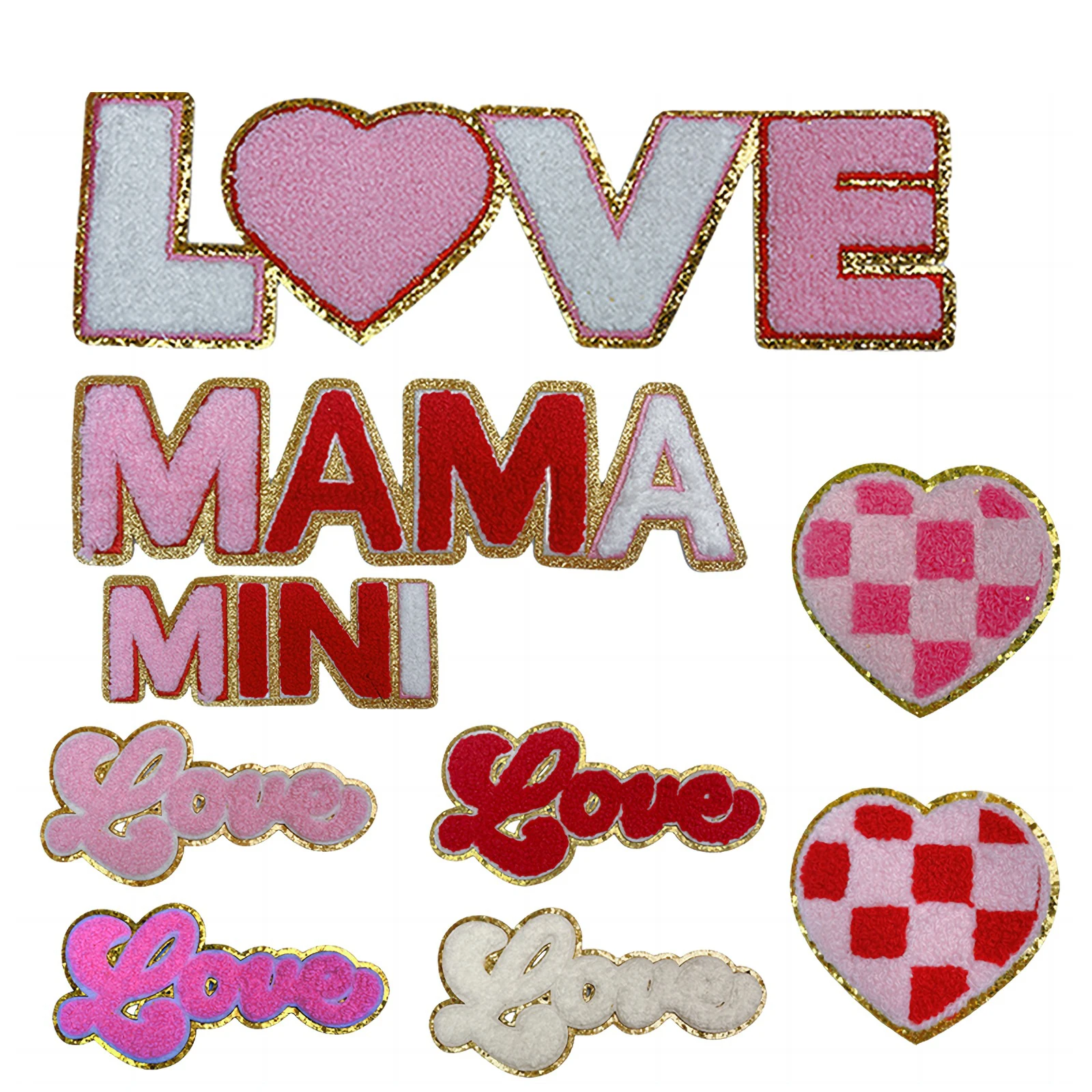 Hot Selling Big Size Iron on Chenille Embroidered Gold Edge Mama Love Be Mine Letter Patch for T-shirt Hoodies