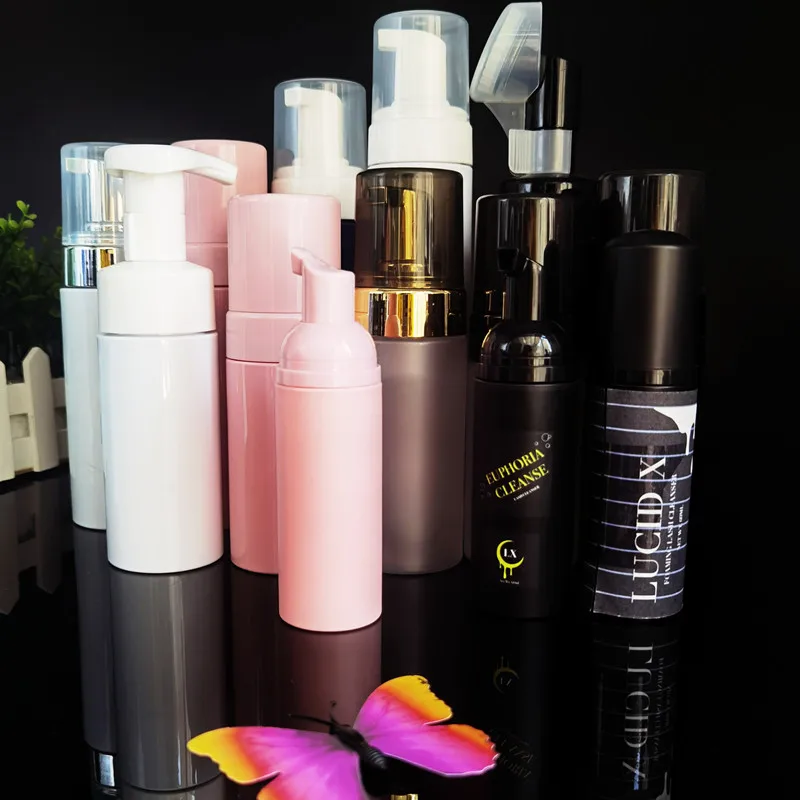 Cosmetic facial cleanser 100ml 150ml 200ml pink pet airless foam pump bottle with eva silicone brush emulsion foam mousse bottle