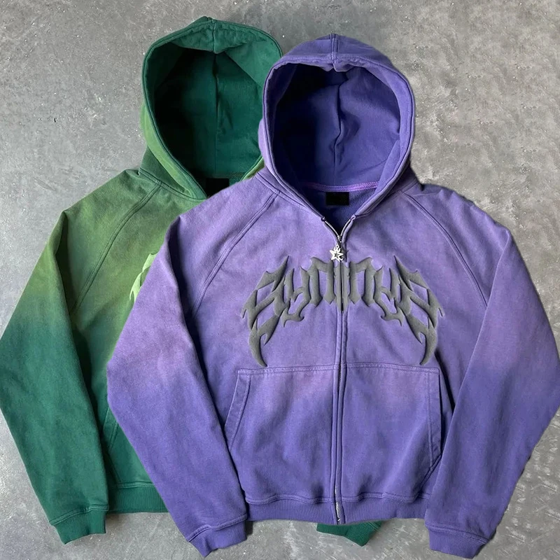 OEM men clothes oodie manufacturer sun fade zipper pullover custom stone wash puff printing hood 400 gsm acid wash zip up hoodie