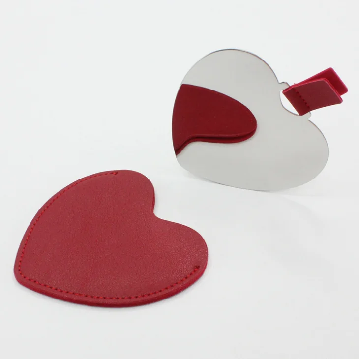  Wholesales Makeup Hand Held Cosmetic Stainless Steel heart shape Leather Pocket Mirror with pu