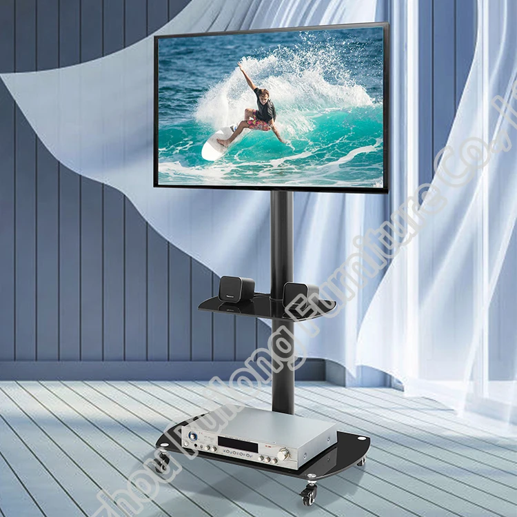 
Modern Luxury Simple Movable LCD Plasma TV Trolley Stand Designs Floor Mount Mobile Metal Iron Glass TV Stand With Wheels 