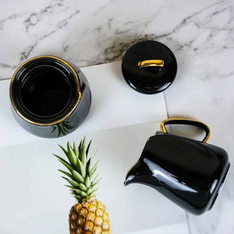 Hot Sale Nordic Ceramic Tableware And Tea Sets vintage tea cup set 27 pcs Gold Rimmed Royal Black Ceramic Tea Cups Set