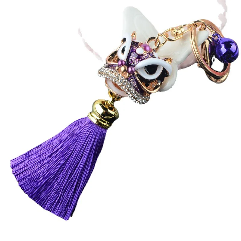 Hot Sale Chinese Style Cute Lion Dance Keychain With Rose Gold Metal Keyring Unicorns Pendant  Tassel style