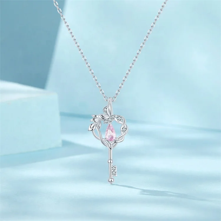 Youchuang hot sale key dainty pink zircon girls necklace Gift heart pendant 925 silver engraving valentine butterfly necklaces