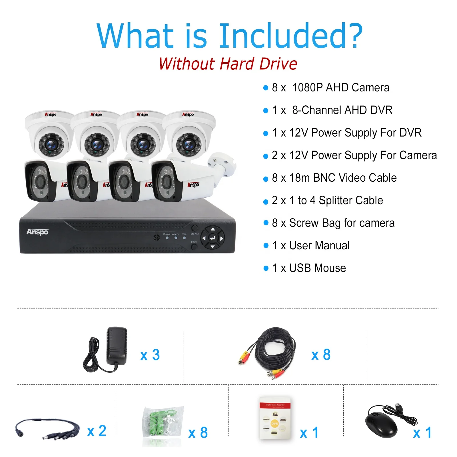 2MP 8 Channel AHD Security Camera System kit 8Pcs 2MP HD Wired Outdoor Cameras with Night Vision 5 in 1 DVR