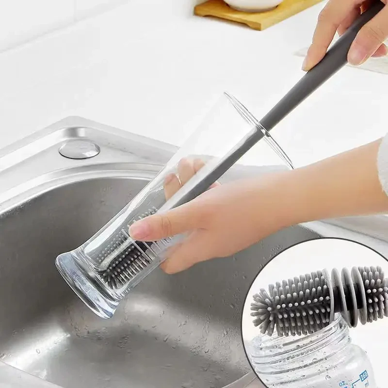 High Quality  Hot Sale  Multifunctional Silicone Long Handle Brush For Baby Feeding Bottle