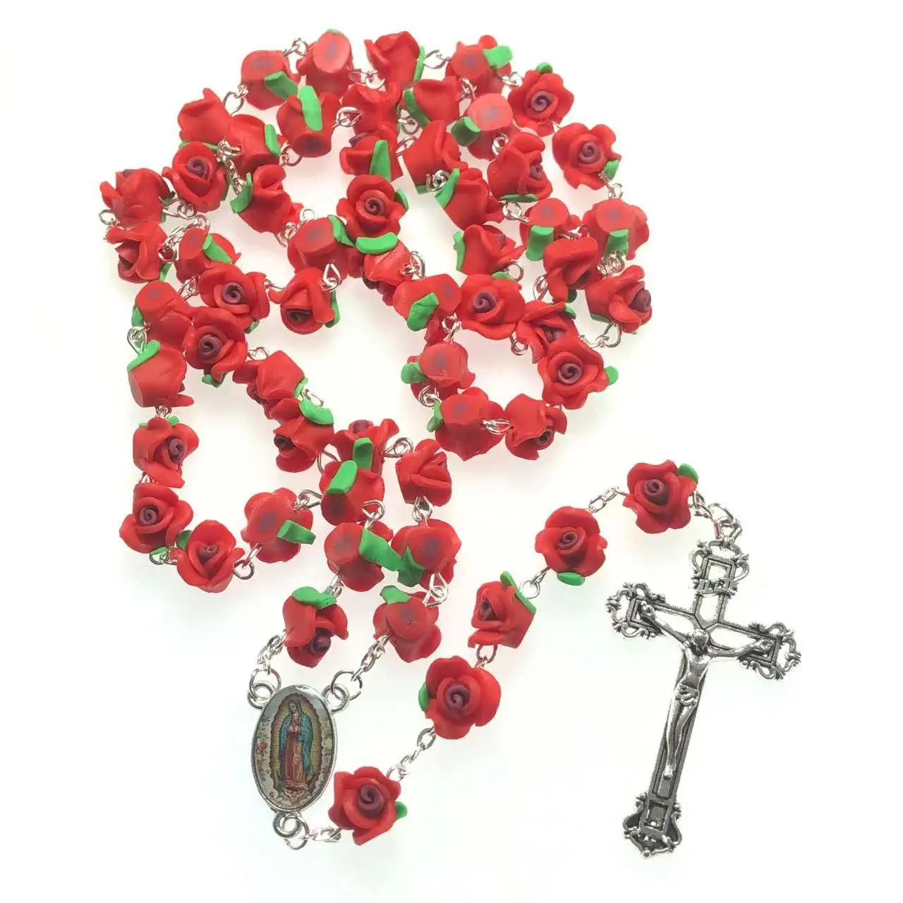 Red soft ceramic rose beads rosary polymer clay necklace with Jesus cross Virgin Guadalupe rosary center