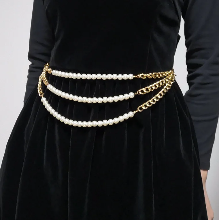 Multi-layer Pearl Metal Chain Waist Belt Body Chain Belly Dance