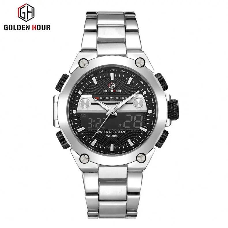 GOLDEN HOUR GH115 elegance silver male digital watch weird steel Strap water proof Chrono alarm outdoor hand watch