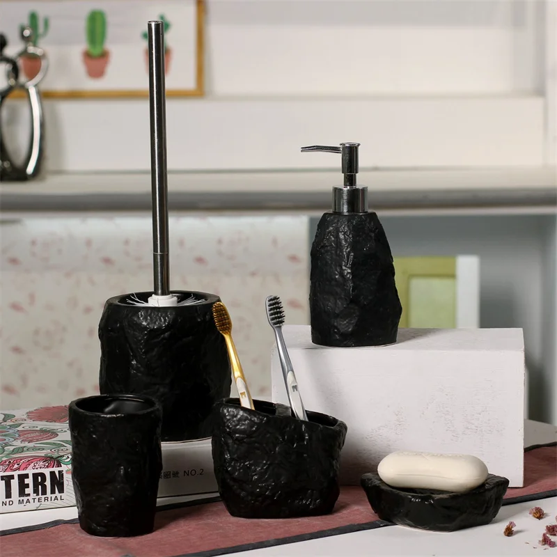 New Design Modern Ceramic Black Stone Bathroom Accessories with Soap Lotion Dispenser for Home Decor