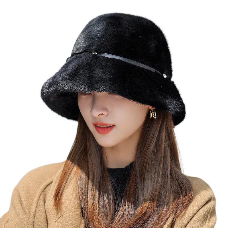 high quality fluffy thick warm winter beautiful women real mink fur hat for ladies