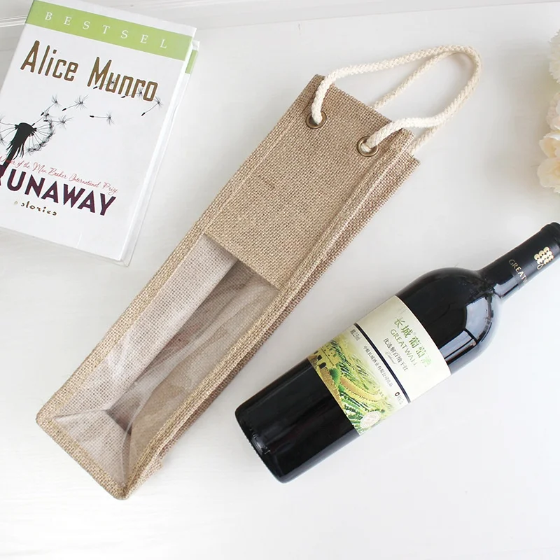 Single Bottle Jute Wine Gift Tote Bags Wine Carry Holder with Rope Handles